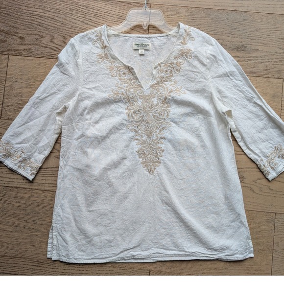 Norm Thompson Embroidered Linen Blend Top Cream Beige Petite Medium PM Boho - Picture 1 of 6